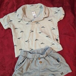 Kids Cream Shark Print Polo Set